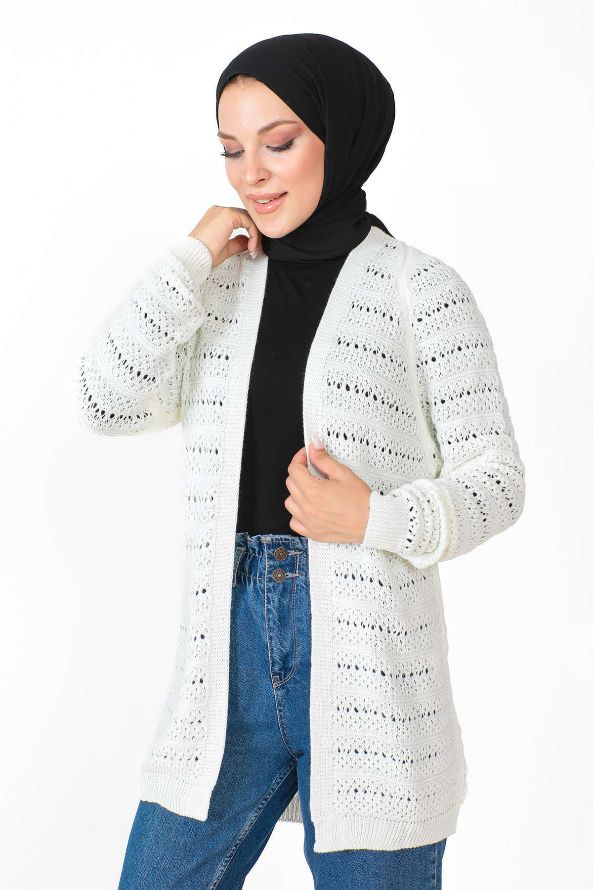 Tesettür Dünyası - Örgülü Triko Hırka TSD230348 Ekru