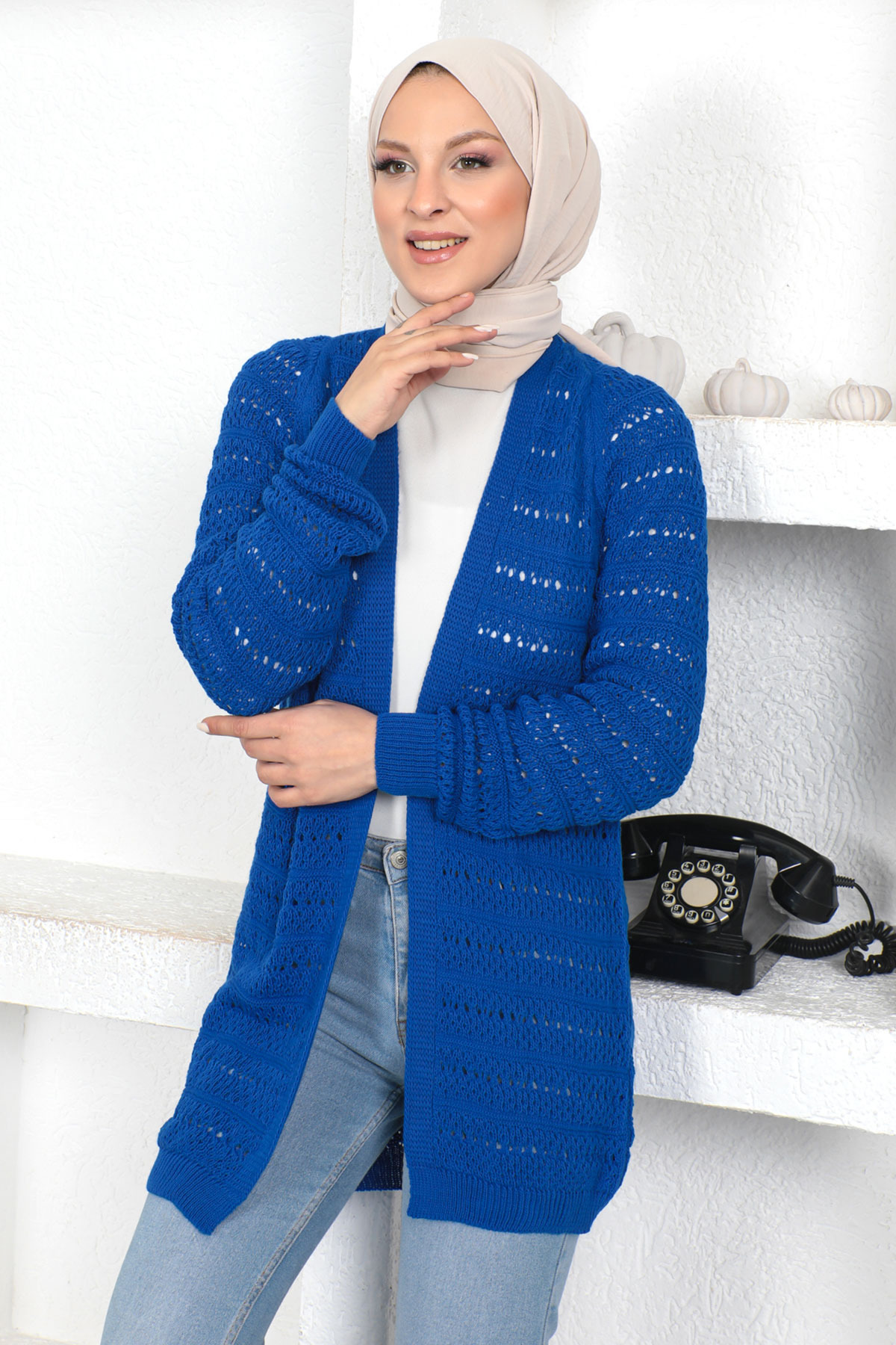 Tesettür Dünyası - Örgülü Triko Hırka TSD230348 Saks Mavisi