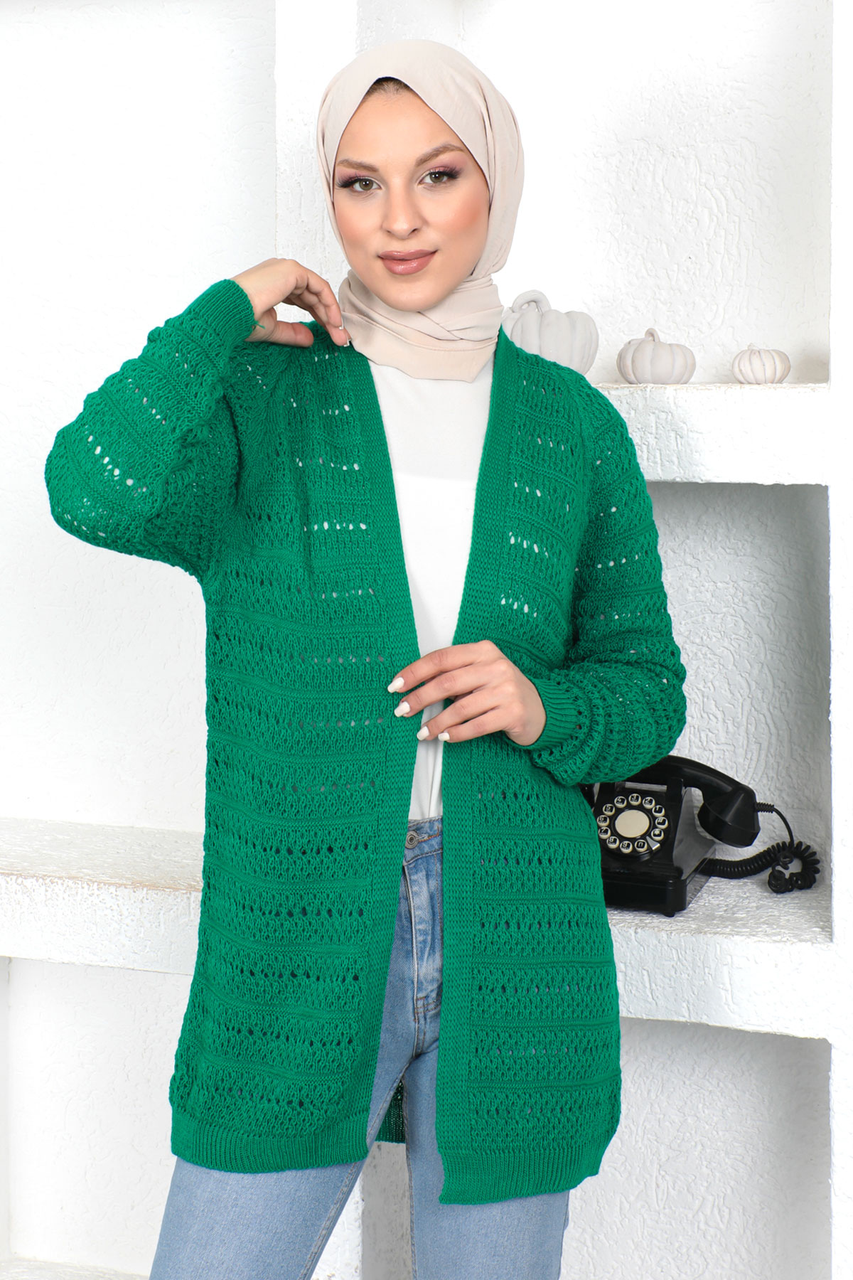 Tesettür Dünyası - Örgülü Triko Hırka TSD230348 Yeşil
