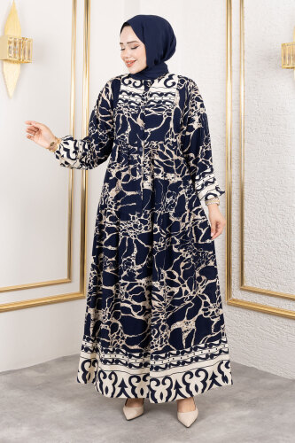 Otantik Viskon Elbise TSD250202 Lacivert - Tesettür Dünyası