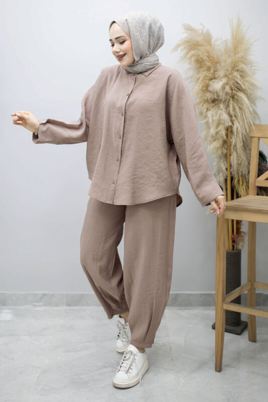 Oversize İkili Takım TSD260190 Vizon - Tesettür Dünyası