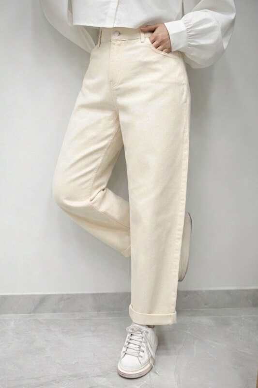 Paçası Katlamalı Mom Pantolon TSD260211 Bej - 1