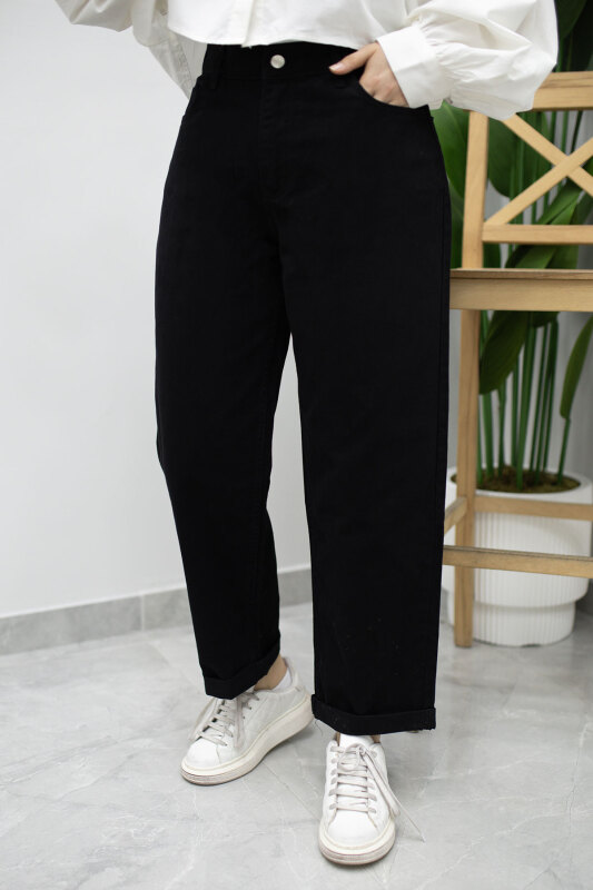 Paçası Katlamalı Mom Pantolon TSD260211 Siyah - 1