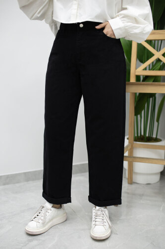 Paçası Katlamalı Mom Pantolon TSD260211 Siyah - 5