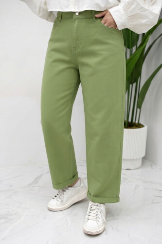 Paçası Katlamalı Mom Pantolon TSD260211 Yeşil 