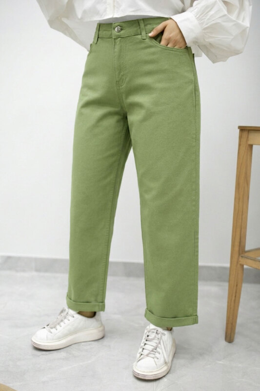 Paçası Katlamalı Mom Pantolon TSD260211 Yeşil - 6