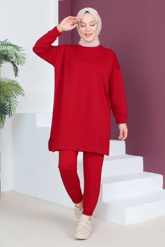 Paçası Lastikli İkili Takım TSD230538 Bordo 