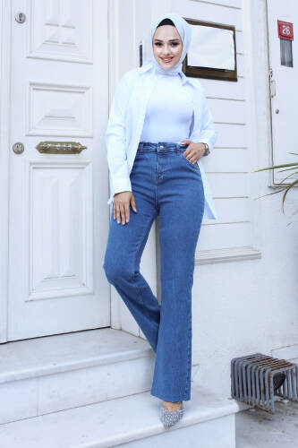 Paçası Püsküllü İspanyol Paça Kot Pantolon TSD240613 Mavi - Tesettür Dünyası