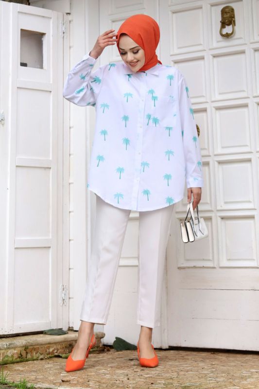 Palmiye Desenli Tunik TSD240119 Mavi - Tesettür Dünyası