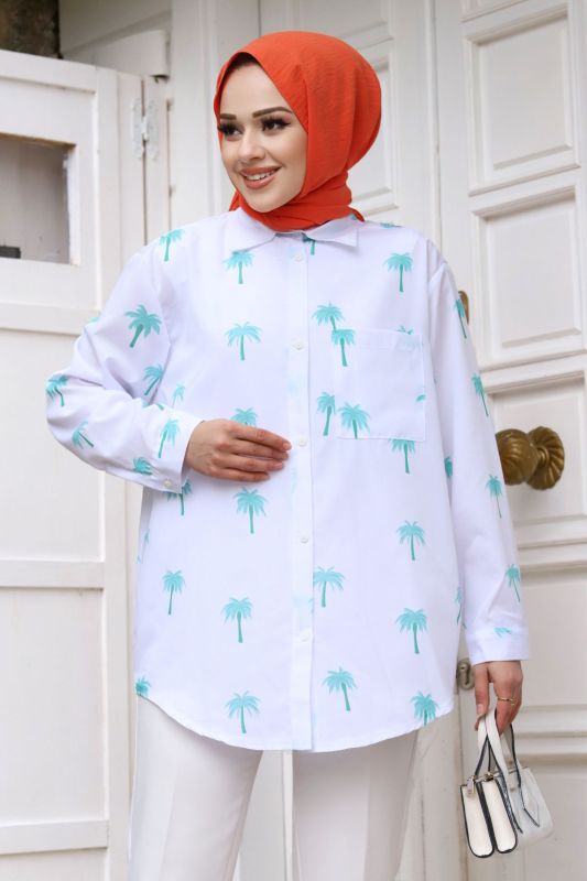 Palmiye Desenli Tunik TSD240119 Mavi - Tesettür Dünyası (1)