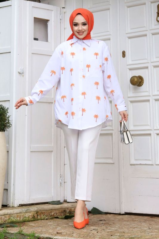 Palmiye Desenli Tunik TSD240119 Turuncu - Tesettür Dünyası