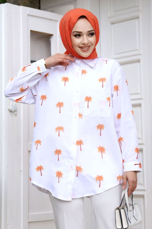 Palmiye Desenli Tunik TSD240119 Turuncu - Tesettür Dünyası (1)