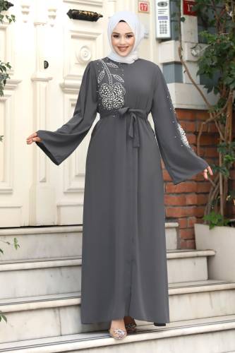 Papatya Desenli Boncuk İşlemeli Tesettür Ferace TSD240314 