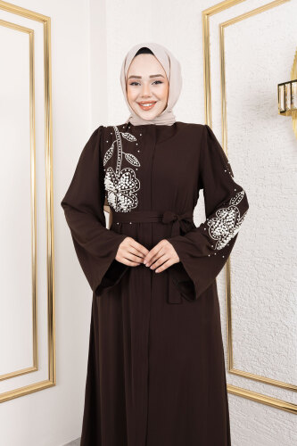 Papatya Desenli Boncuk İşlemeli Tesettür Ferace TSD240314 - 2