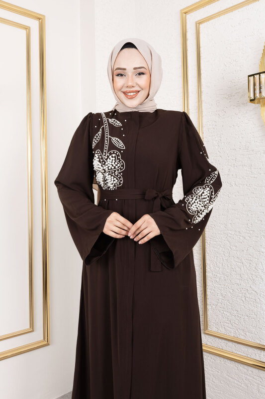 Papatya Desenli Boncuk İşlemeli Tesettür Ferace TSD240314 - 2