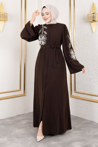 Papatya Desenli Boncuk İşlemeli Tesettür Ferace TSD240314 - 1