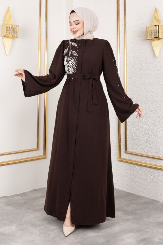 Papatya Desenli Boncuk İşlemeli Tesettür Ferace TSD240314 - 4