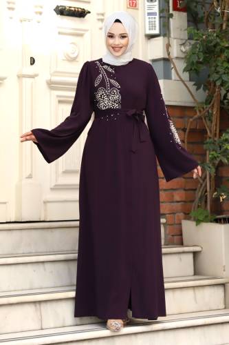 Papatya Desenli Boncuk İşlemeli Tesettür Ferace TSD240314 