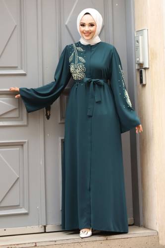 Papatya Desenli Boncuk İşlemeli Tesettür Ferace TSD240314 Petrol 