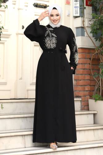 Papatya Desenli Boncuk İşlemeli Tesettür Ferace TSD240314 - Tesettür Dünyası