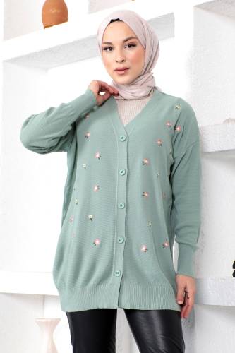 Papatya Desenli Triko Hırka TSD230207 Mint Yeşili 