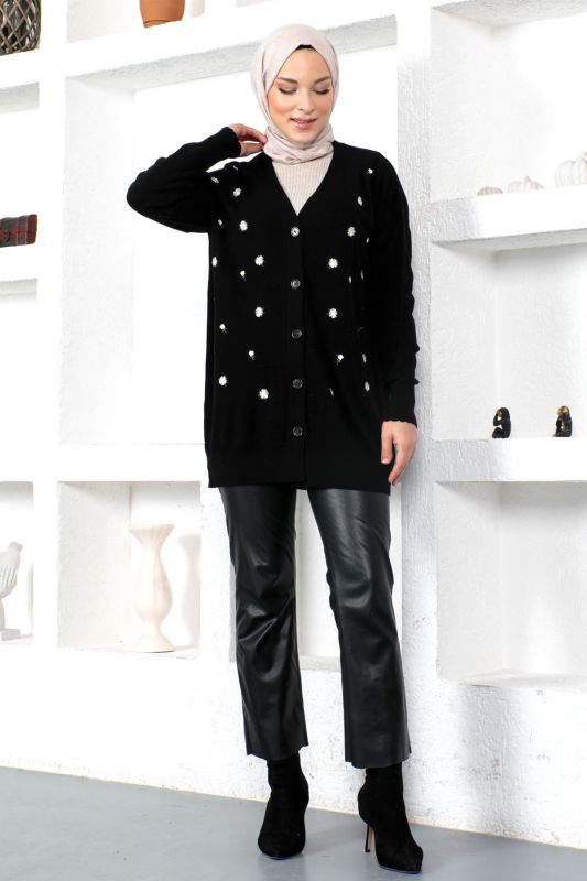 Papatya Desenli Triko Hırka TSD230207 Siyah - 1