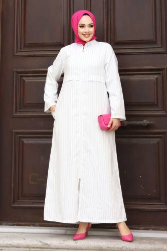 Pat Detaylı Boydan Fermuarlı Ferace TSD240212 Beyaz 