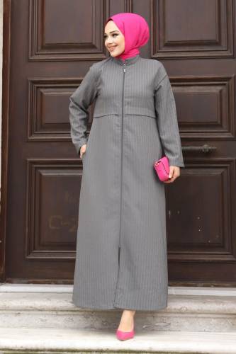 Pat Detaylı Boydan Fermuarlı Ferace TSD240212 Gri 