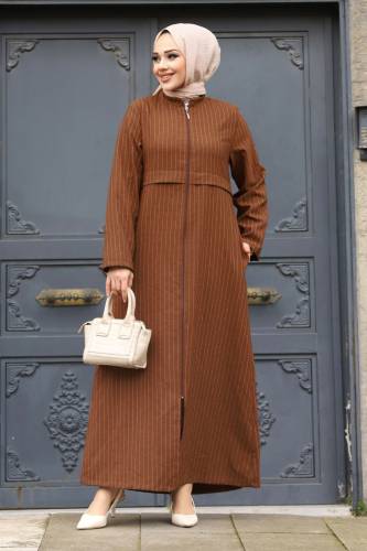 Pat Detaylı Boydan Fermuarlı Ferace TSD240212 Kahverengi 