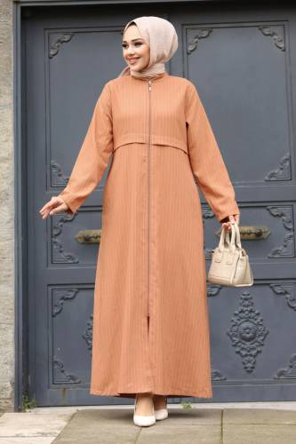 Pat Detaylı Boydan Fermuarlı Ferace TSD240212 Taba 