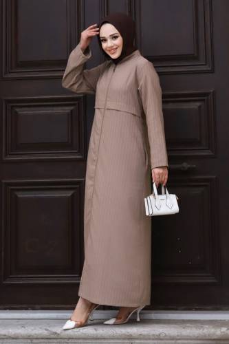 Pat Detaylı Boydan Fermuarlı Ferace TSD240212 Vizon 