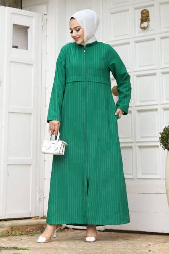 Pat Detaylı Boydan Fermuarlı Ferace TSD240212 Yeşil 