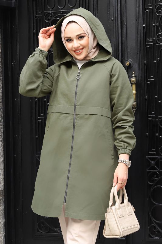 Pat Detaylı Fermuarlı Kot Kap TSD240225 Haki - 3