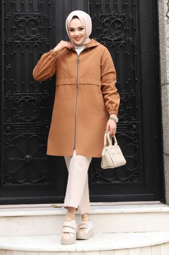 Pat Detaylı Fermuarlı Kot Kap TSD240225 Taba - Tesettür Dünyası