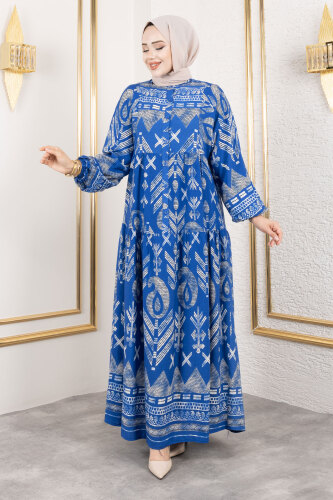 Patlı Yarım Düğmeli Viskon Elbise TSD250206 Mavi - Tesettür Dünyası