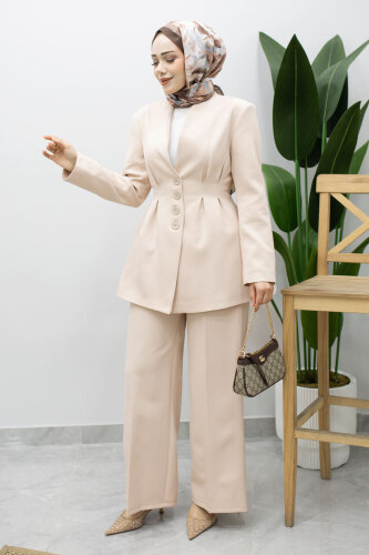 Pensli Belden Oturtmalı Blazer Takım TSD260227 Bej 