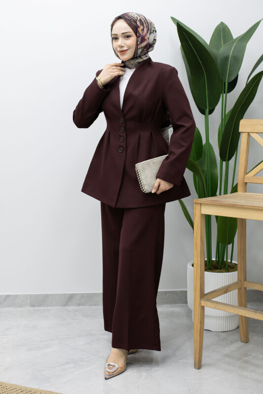 Pensli Belden Oturtmalı Blazer Takım TSD260227 Mürdüm - 3