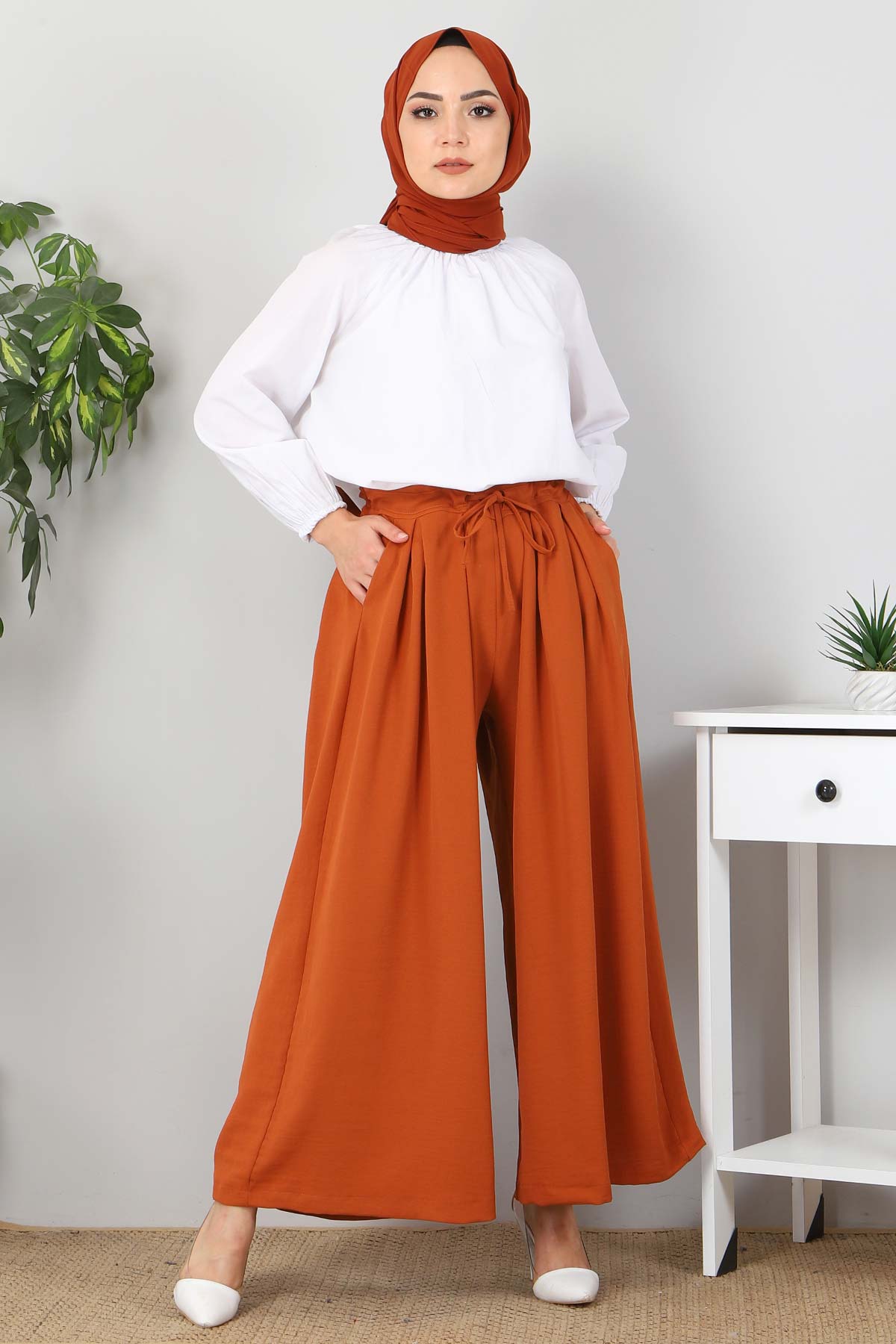 Tesettür Dünyası - Pleated Skirt Pants TSD9912 Brick Color