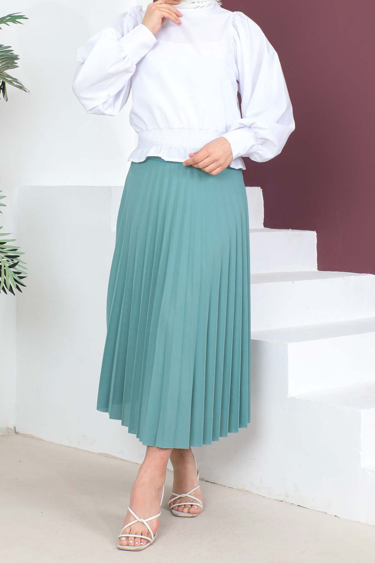 Tesettür Dünyası - Pileli Etek TSD230429 Mint Yeşili