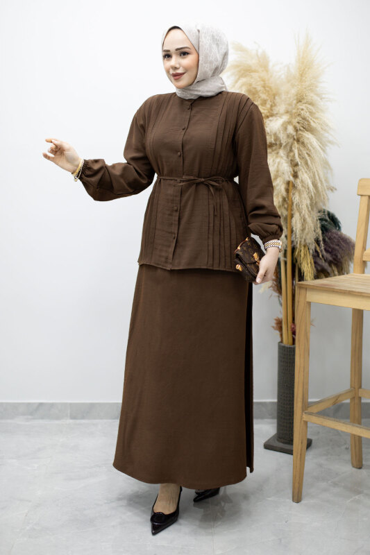 Piliseli Bağlamalı Etekli Takım TSD260173 Kahverengi - 1