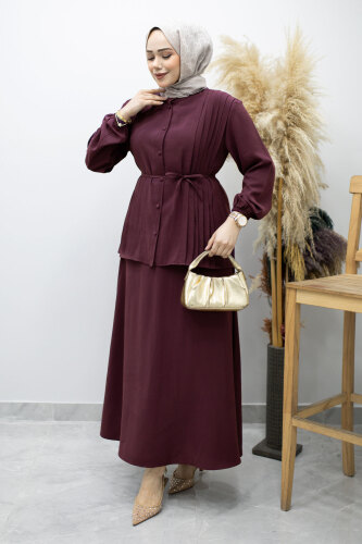 Piliseli Bağlamalı Etekli Takım TSD260173 Mürdüm 