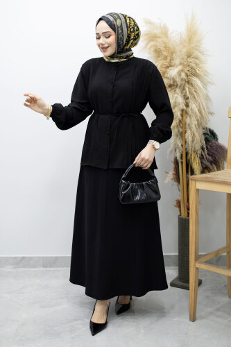 Piliseli Bağlamalı Etekli Takım TSD260173 Siyah 