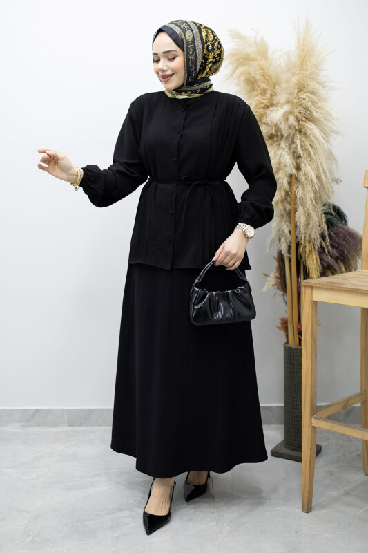 Piliseli Bağlamalı Etekli Takım TSD260173 Siyah - 1