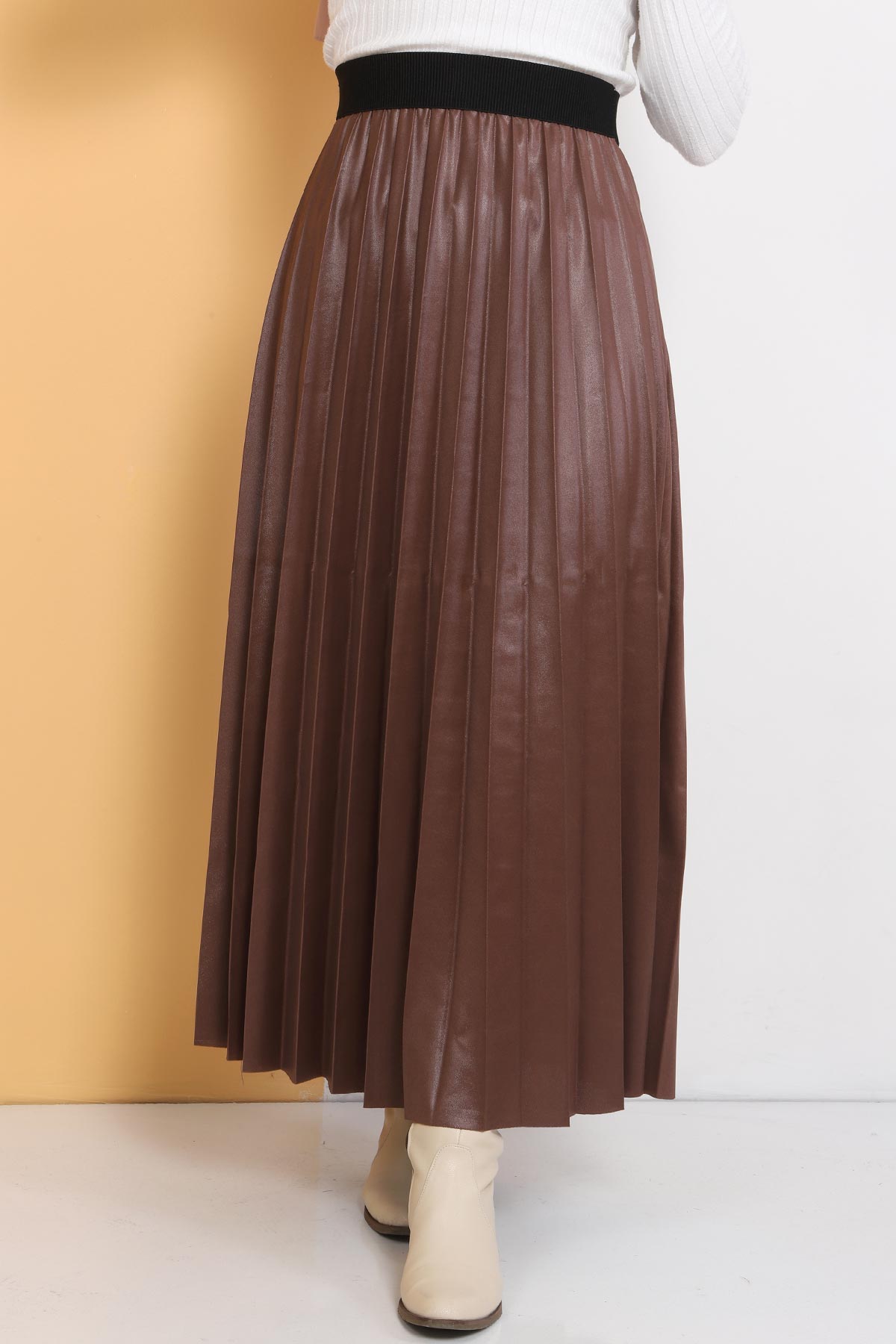 Pleated Leather Look Skirt TSD1741 Brown