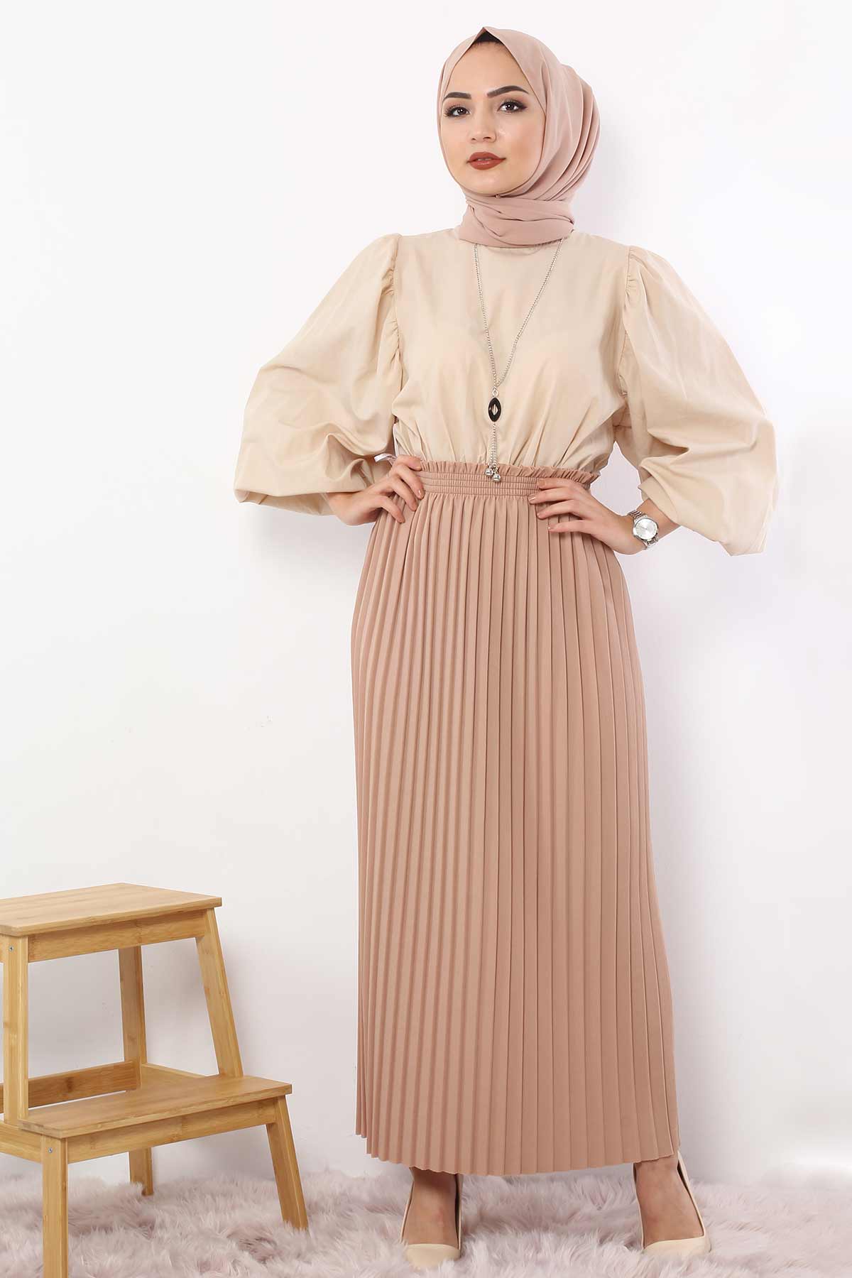Tesettür Dünyası - Pleated Pencil Skirt 1757 Camel