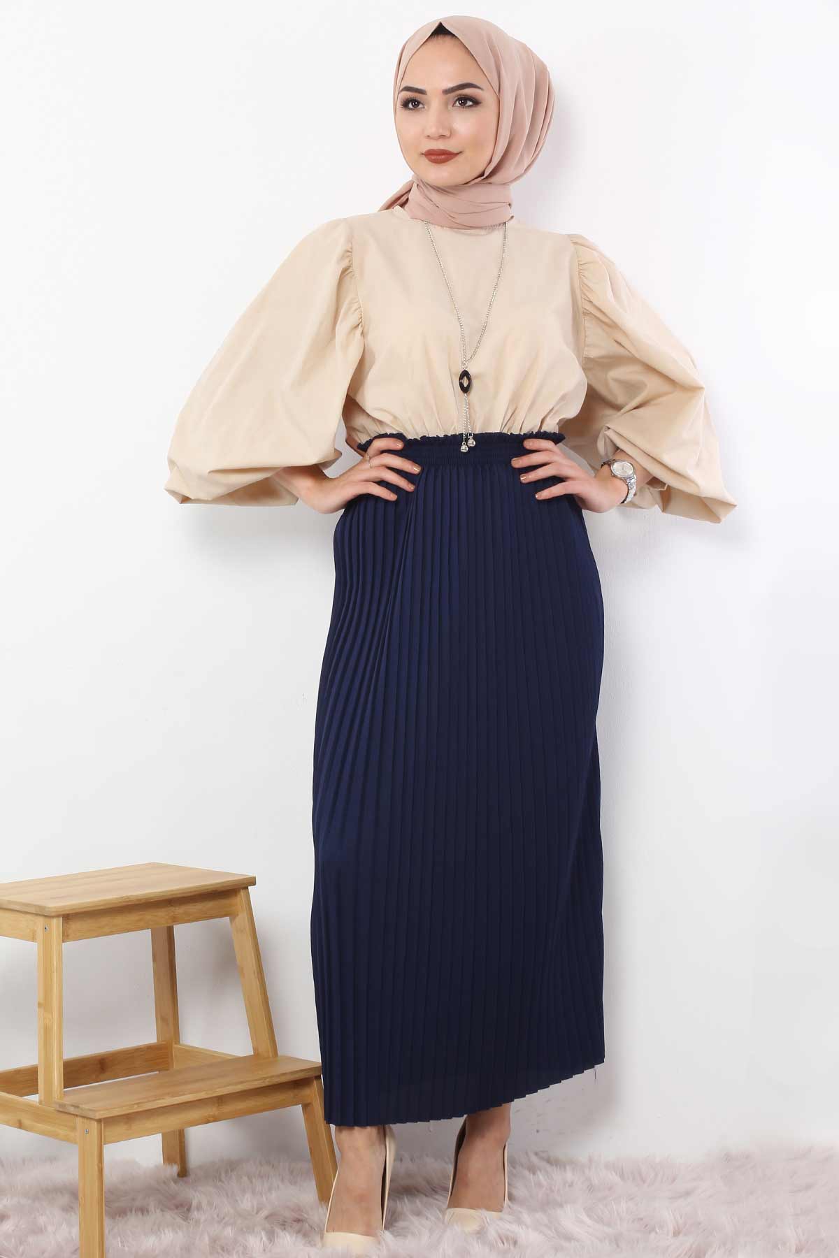 Tesettür Dünyası - Pleated Pencil Skirt 1757 Navy Blue