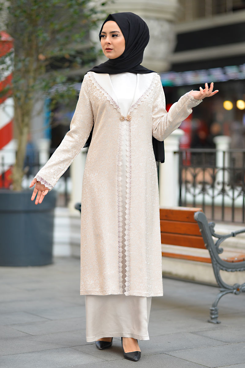 Tesettür Dünyası - Plus Size Hijab Evening Dress TSD2249 Ecru