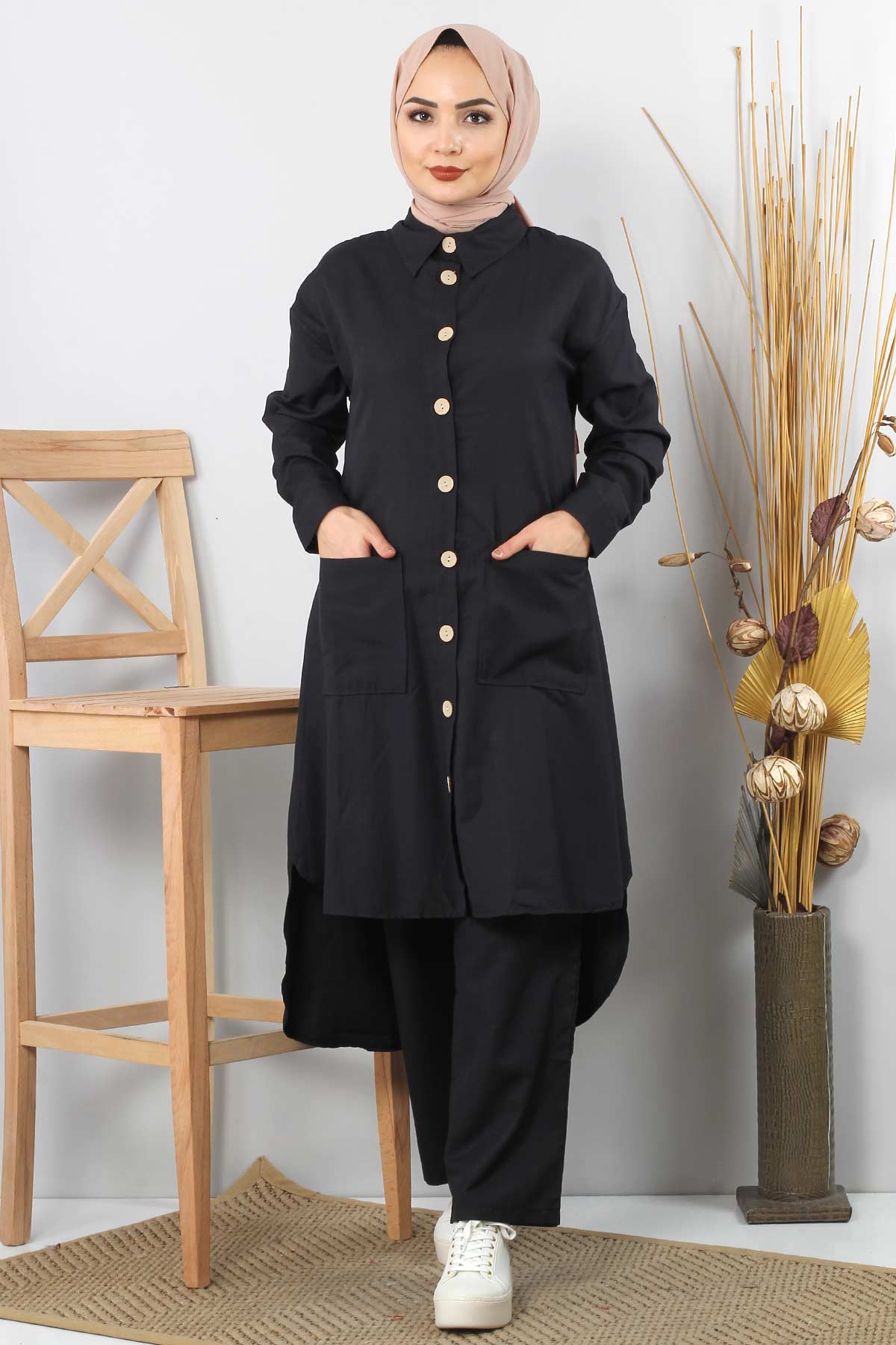 Tesettür Dünyası - Pocketed Double Hijab Suit TSD0082 Black