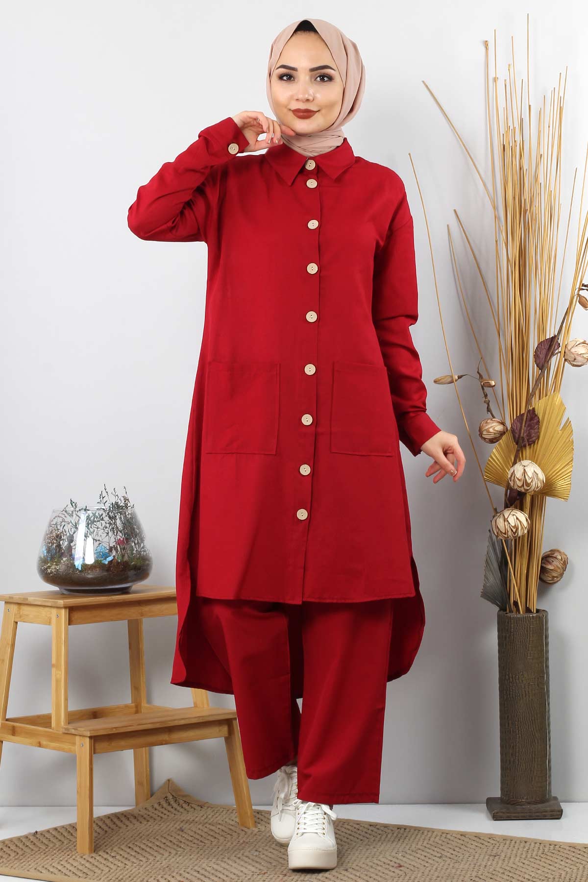 Tesettür Dünyası - Pocketed Double Hijab Suit TSD0082 Claret Red