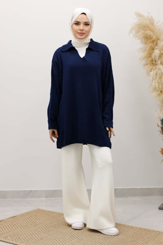 Polo Yaka Triko Tunik TSD260116 Lacivert - TESETTÜR DÜNYASI